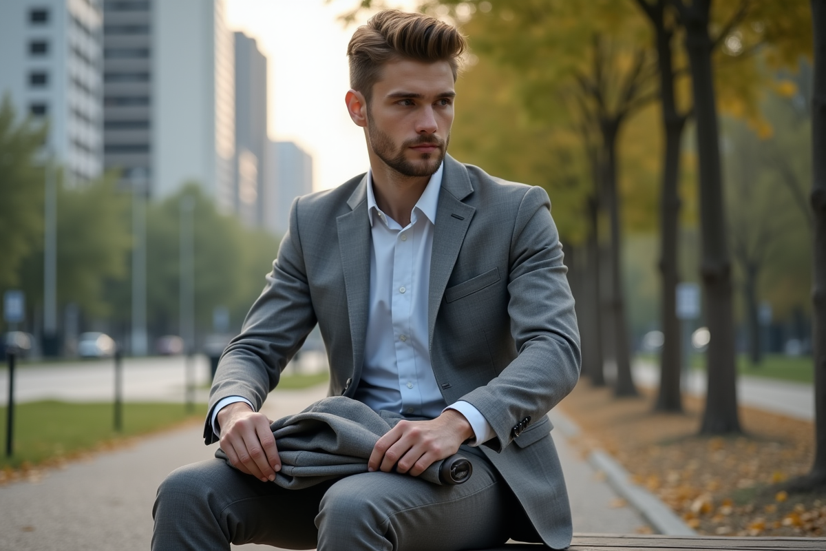 Jeune homme pliant un pantalon gris dans un parc urbain