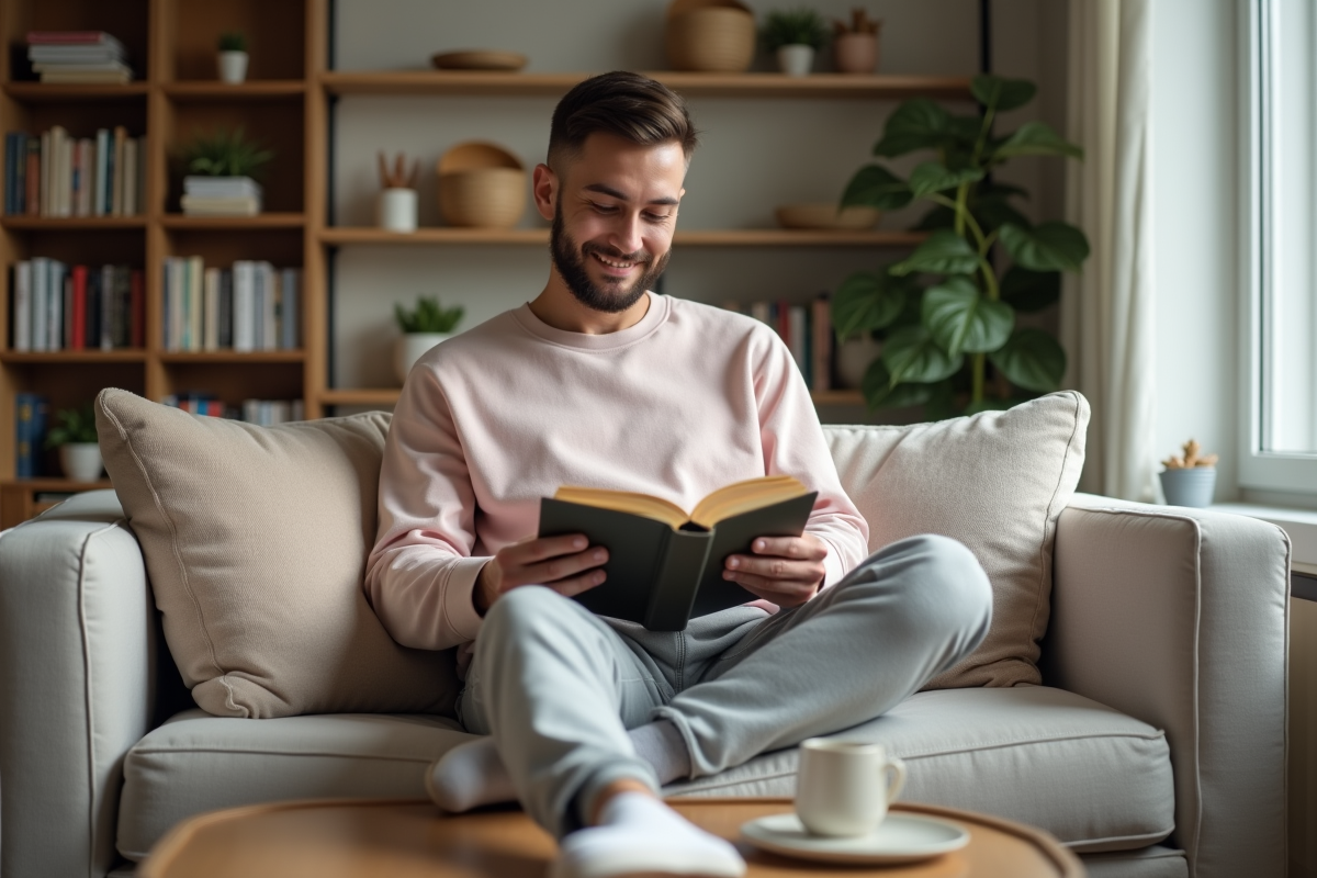 Jeune homme détendu lisant dans un salon moderne