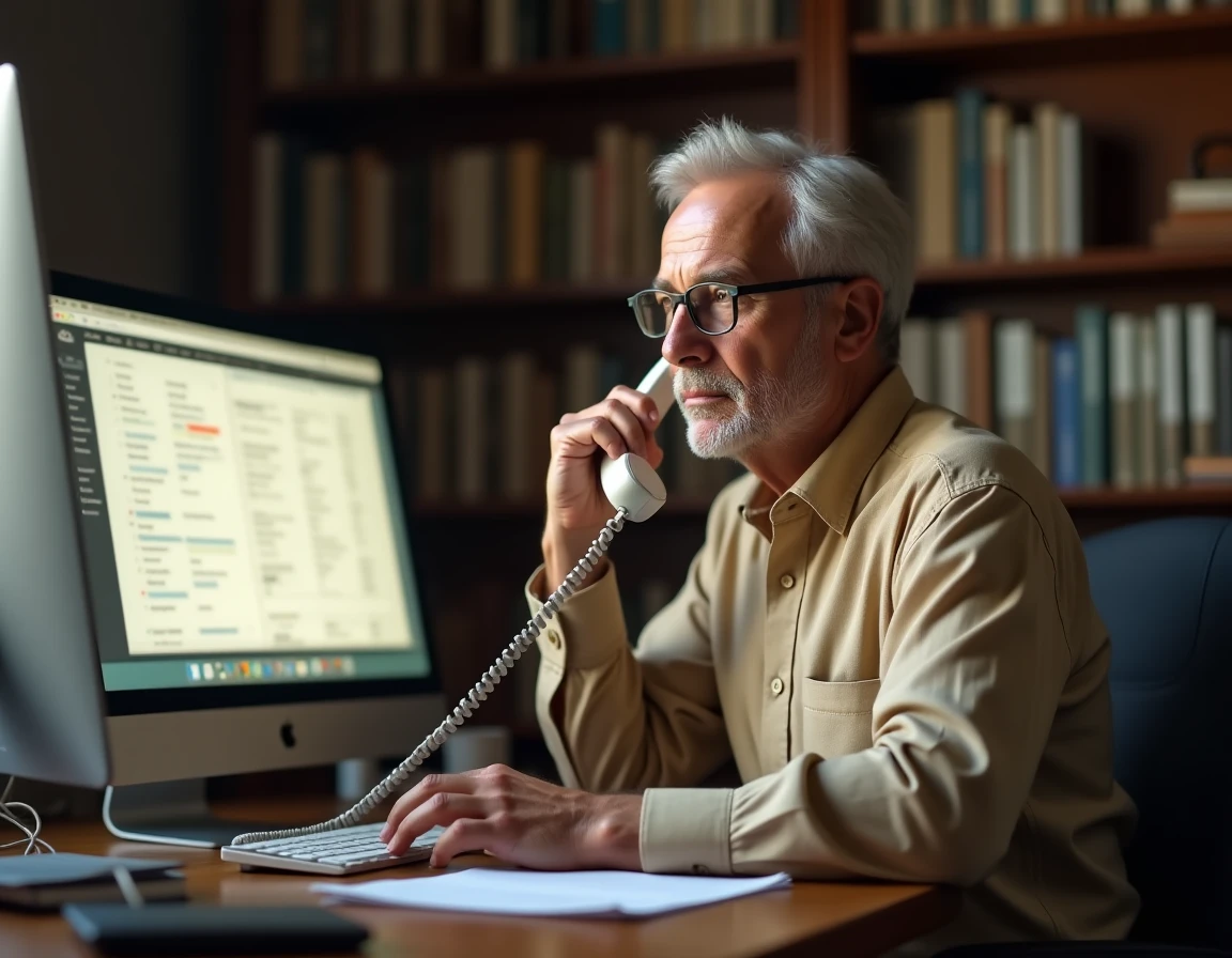 Homme senior utilisant un téléphone fixe avec un annuaire en ligne visible sur un écran d'ordinateur dans un bureau à domicile