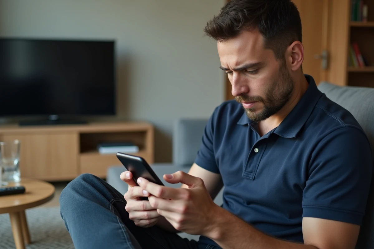 Homme consultant son smartphone pour retrouver l'adresse officielle du site 1jour1film en 2026
