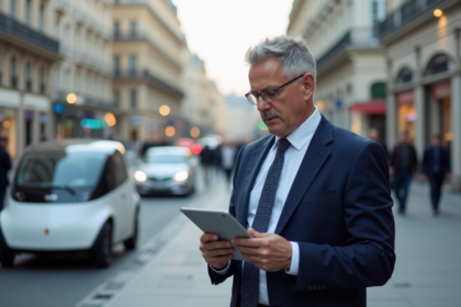 Homme en costume observant une voiture autonome à Paris