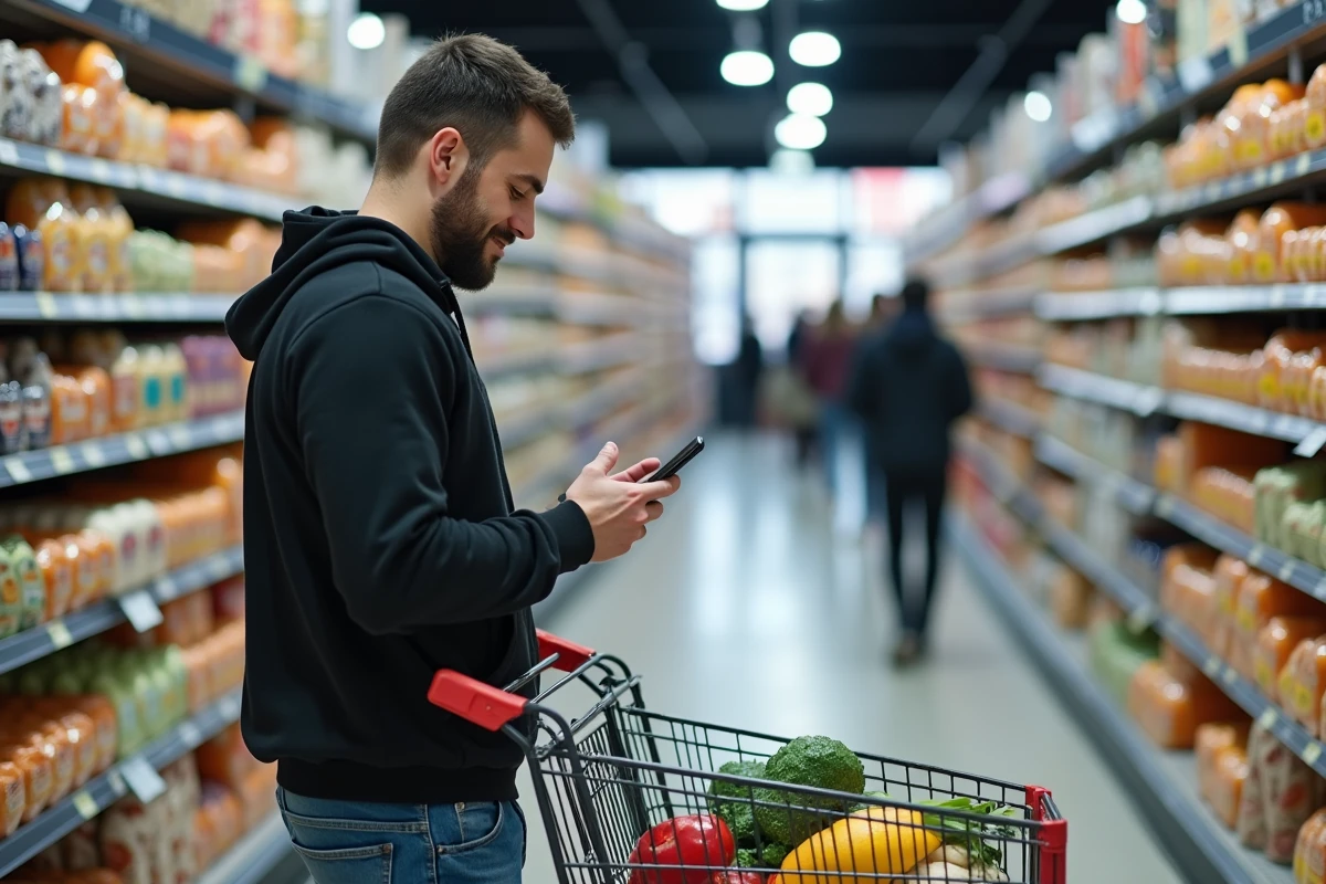 Jeune homme vérifiant son application de courses en supermarché