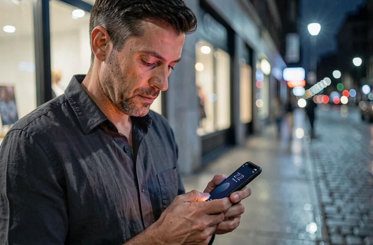 Homme dans la rue la nuit regardant son téléphone affichant 22h22 avec des reflets sur les pavés mouillés