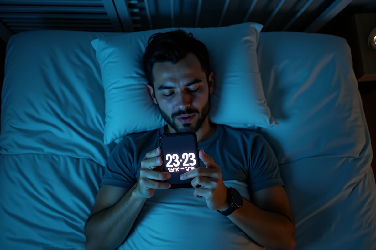 Homme allongé dans son lit regardant son téléphone afficher 23h23, phénomène des heures miroir nocturnes