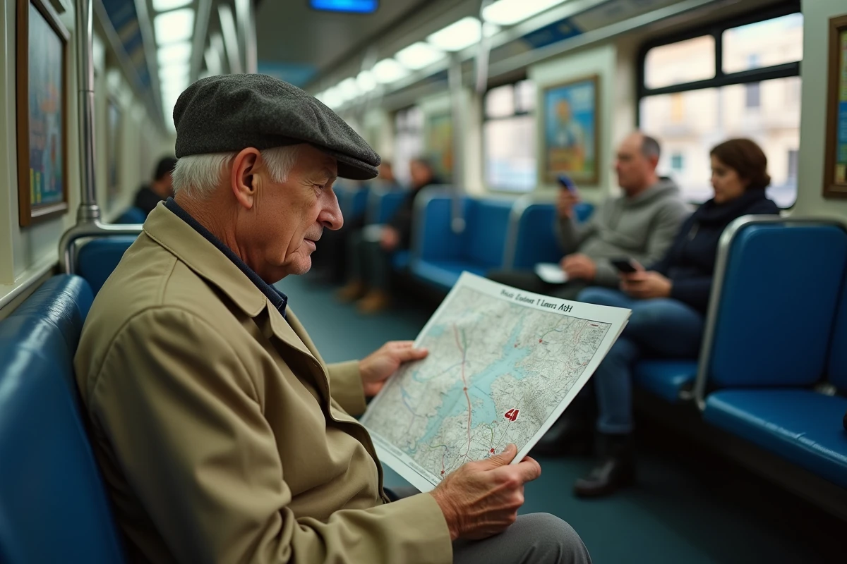 Homme âgé dans le métro parisien lit une carte