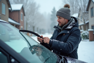 Homme vérifiant une lame de windshield wiper en hiver