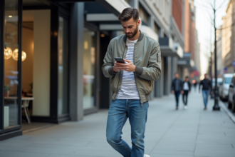 Jeune homme décontracté dans la ville en jeans et t-shirt