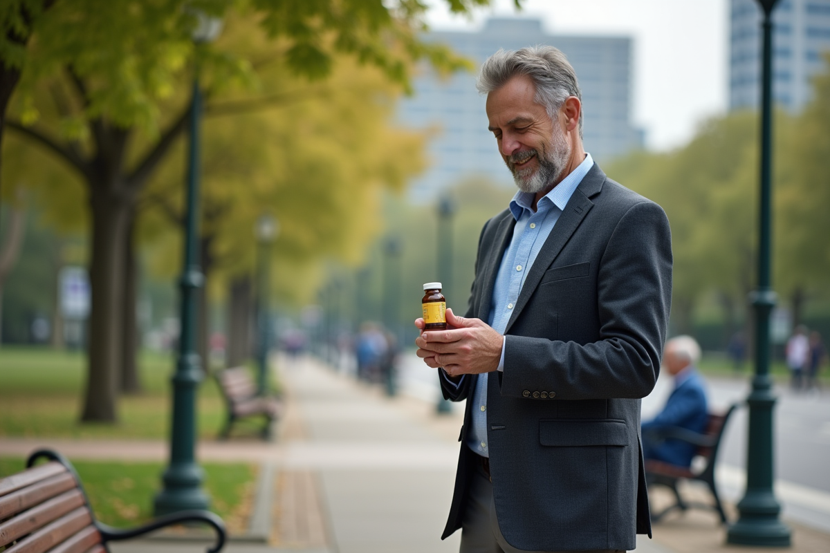 Homme lisant une bouteille de vitamines dans un parc urbain