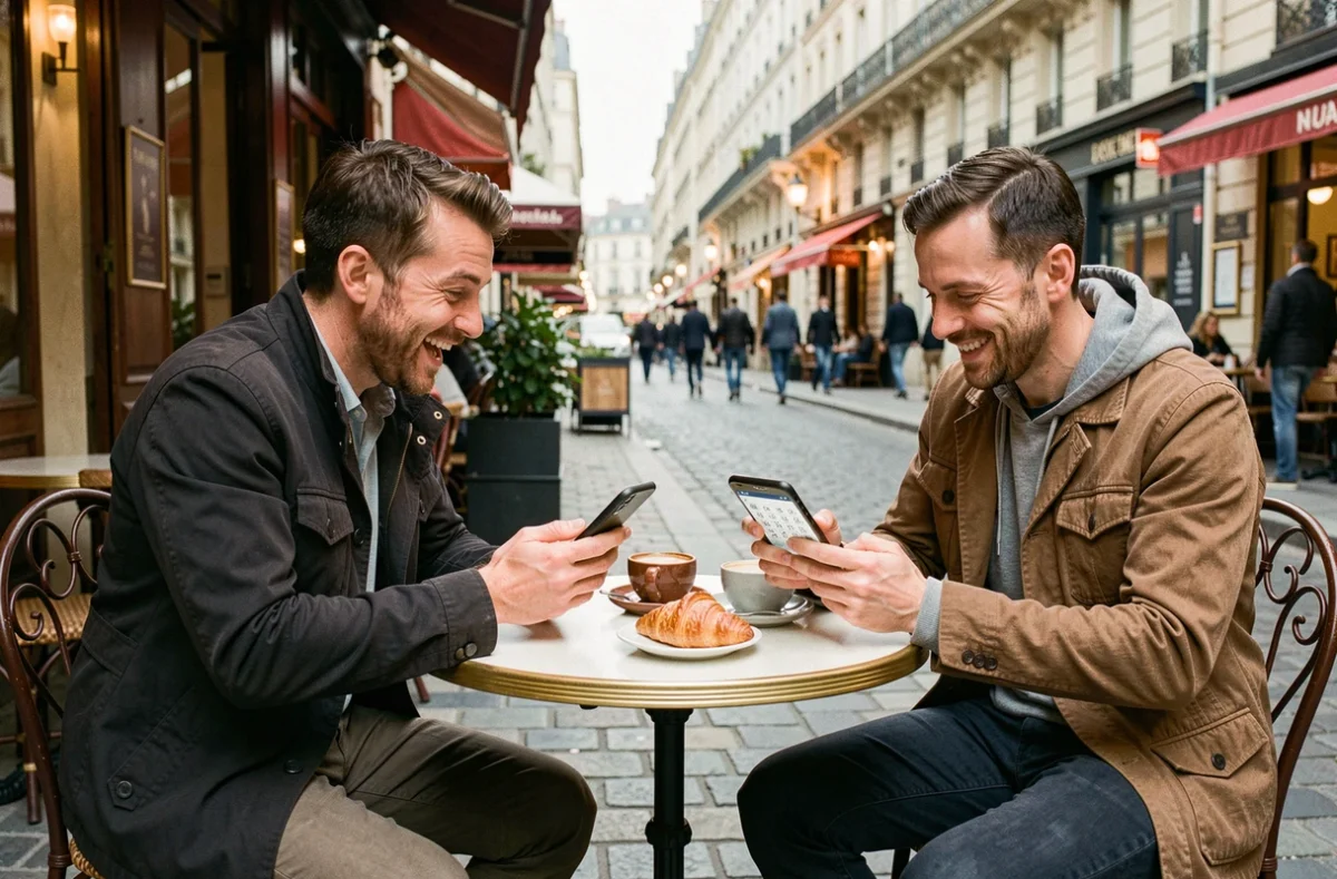 Deux hommes comparant des jeux de mots Pedantic et SUTOM sur leurs smartphones en terrasse de café parisien