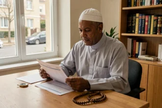 Homme musulman consultant un calendrier des horaires de prières 2026 à Neuilly-sur-Marne