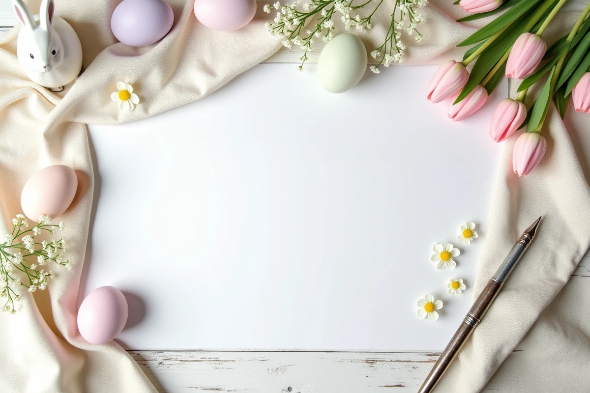 Flat-lay élégant de cartes de vœux de Pâques manuscrites, œufs pastel, fleurs printanières et stylo plume sur bois blanc vieilli