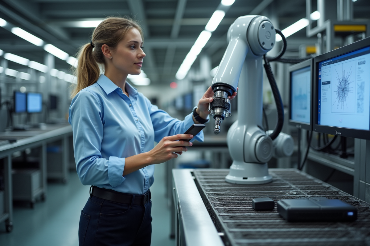 Jeune ingénieure inspectant un bras robotique dans un laboratoire