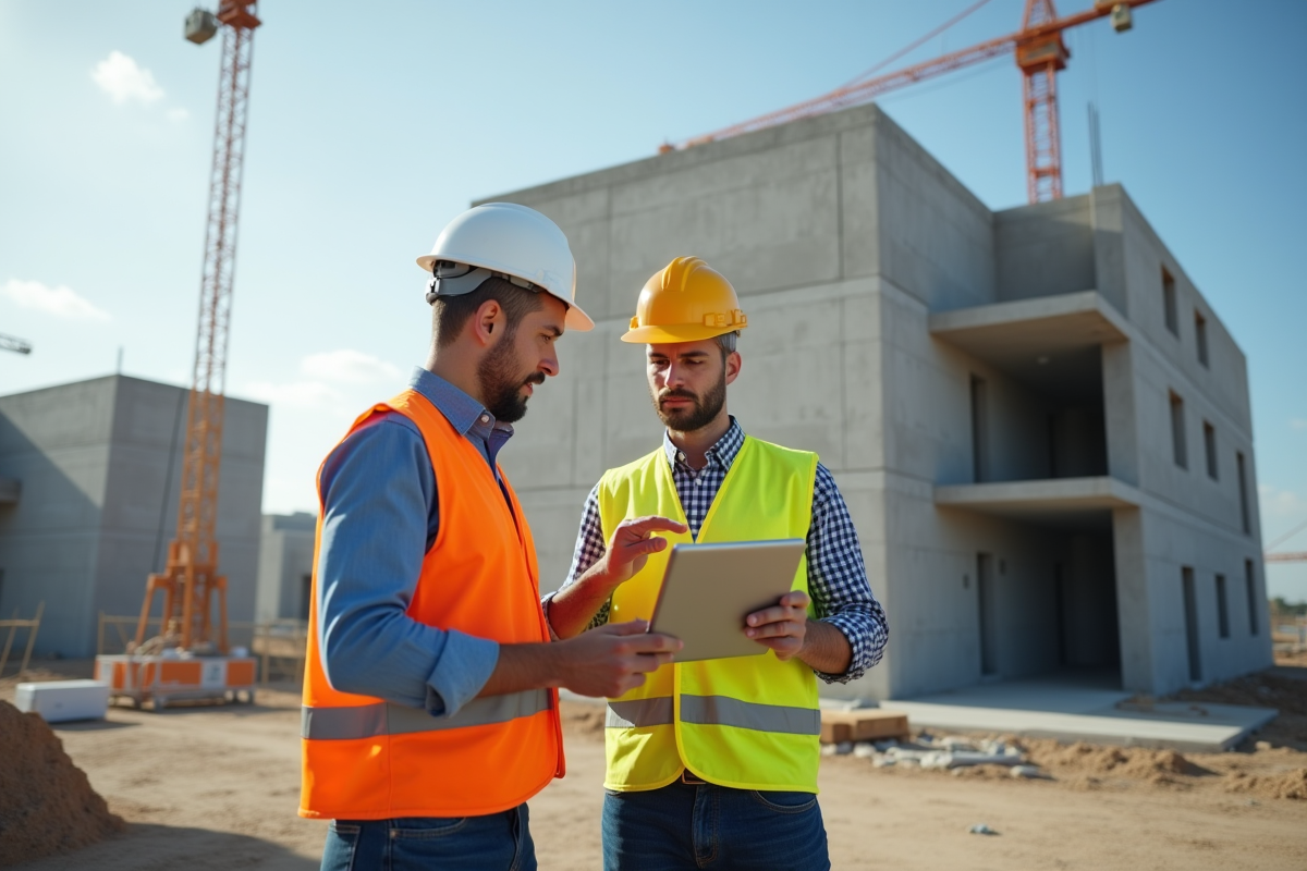 Deux ingénieurs discutant sur un chantier avec tablette et casque