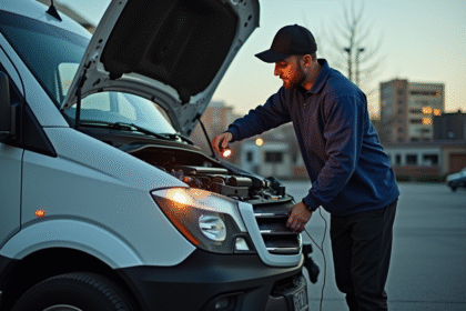 Personne inspectant le moteur d un van blanc en journée