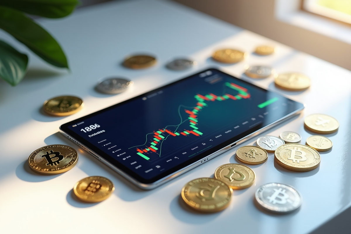 Tablette affichant une interface de cryptomonnaie avec pièces d
