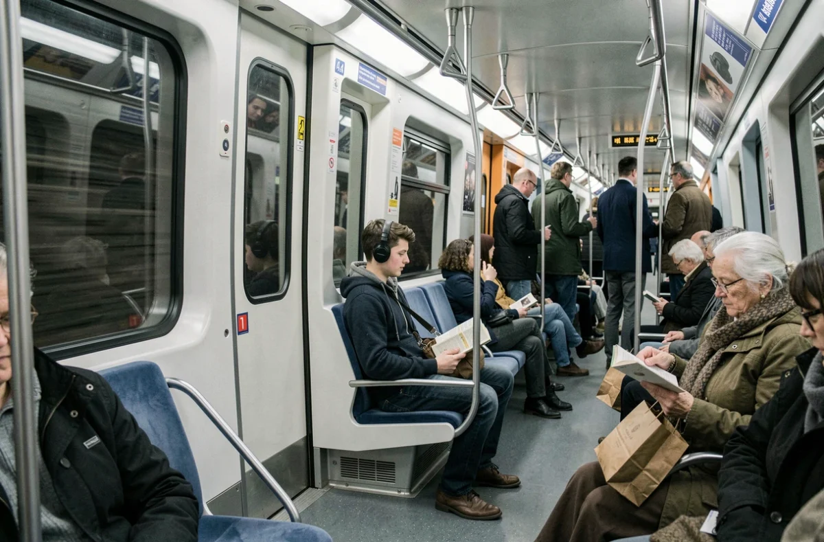 Intérieur d'une rame de métro ligne 14 avec des passagers assis et debout en heure intermédiaire