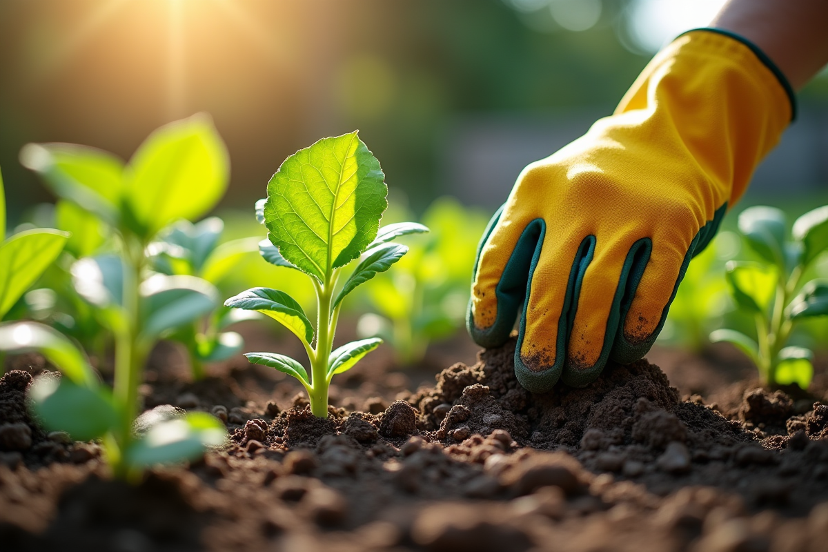 Personne appliquant un herbicide naturel sur mauvaises herbes en jardin