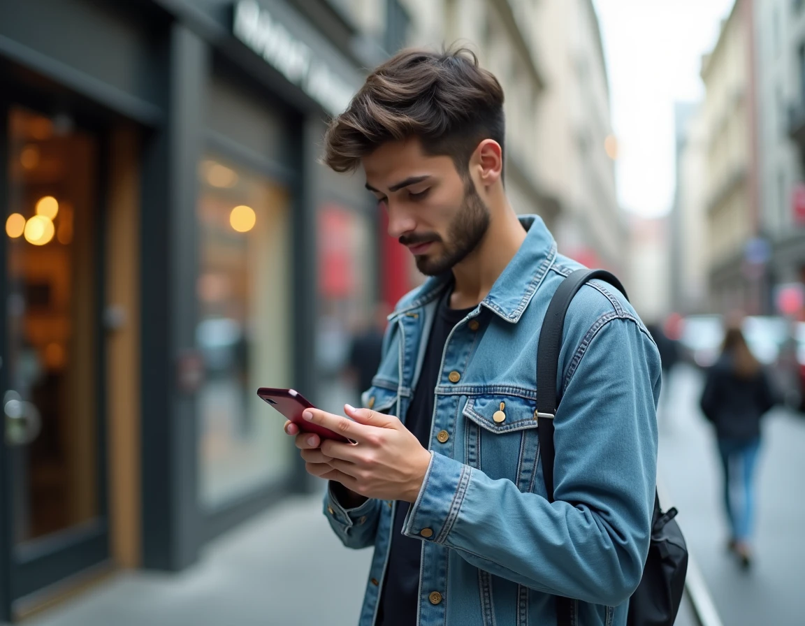 Jeune adulte cherchant un numéro de téléphone sur son smartphone en pleine rue dans un contexte urbain