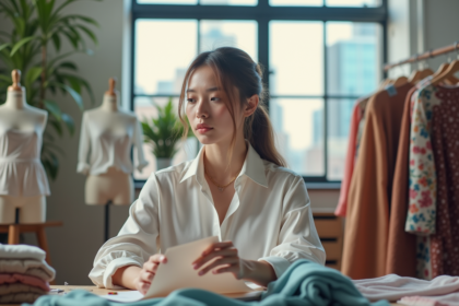 Jeune créatrice de mode examine des échantillons de tissu