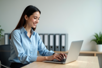 Jeune entrepreneure travaillant sur son ordinateur dans un bureau moderne