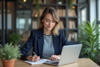 Jeune femme en bureau moderne travaillant sur son ordinateur