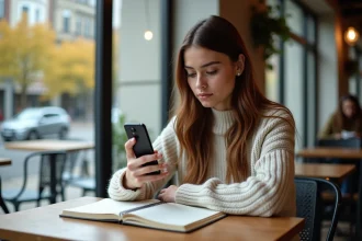 Jeune femme concentrée dans un café moderne avec smartphone