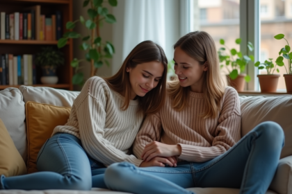 Jeune femme réconfortant son amie sur un canapé