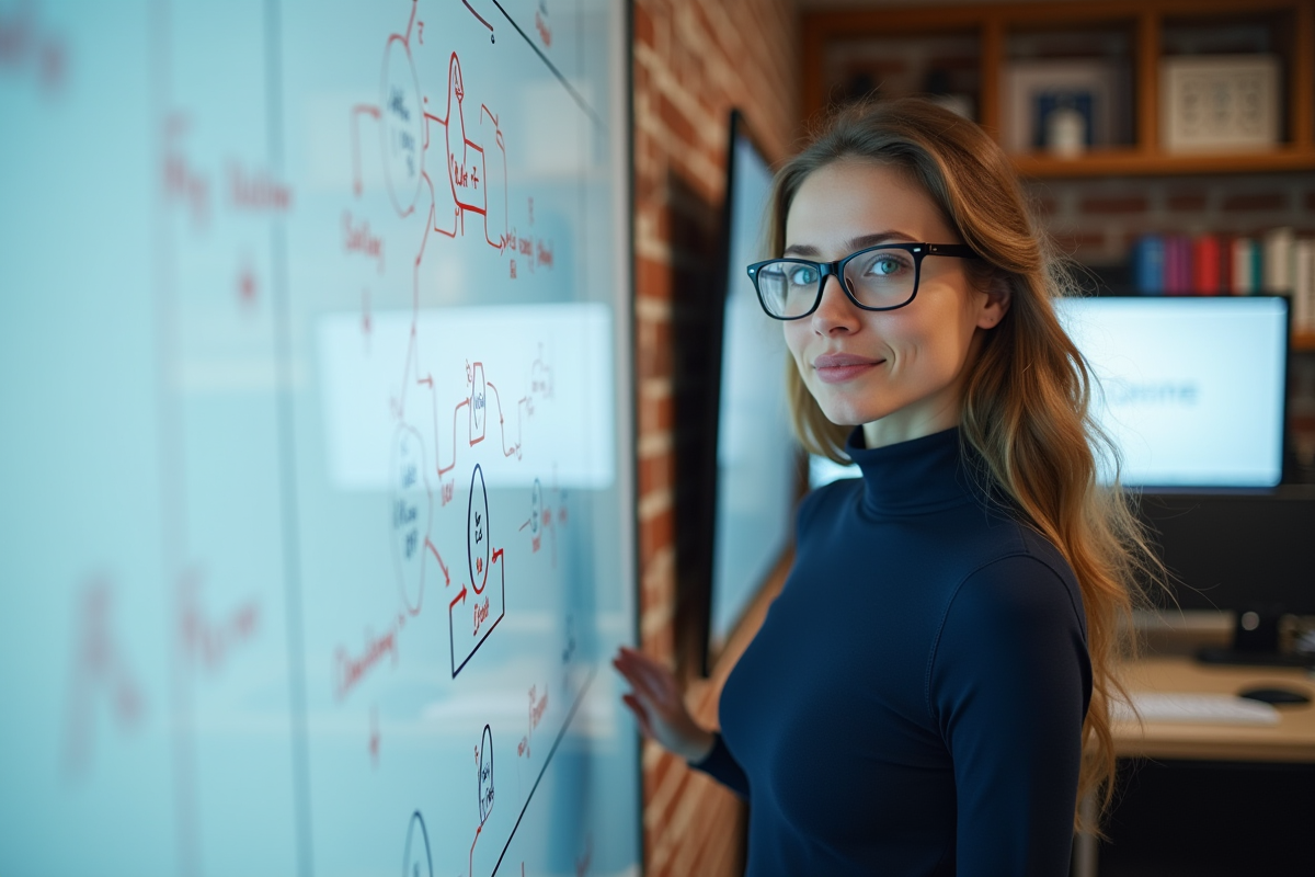 Jeune femme data scientist expliquant un diagramme sur whiteboard