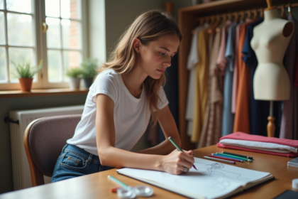 Jeune femme esquissant un design de mode dans son atelier lumineux