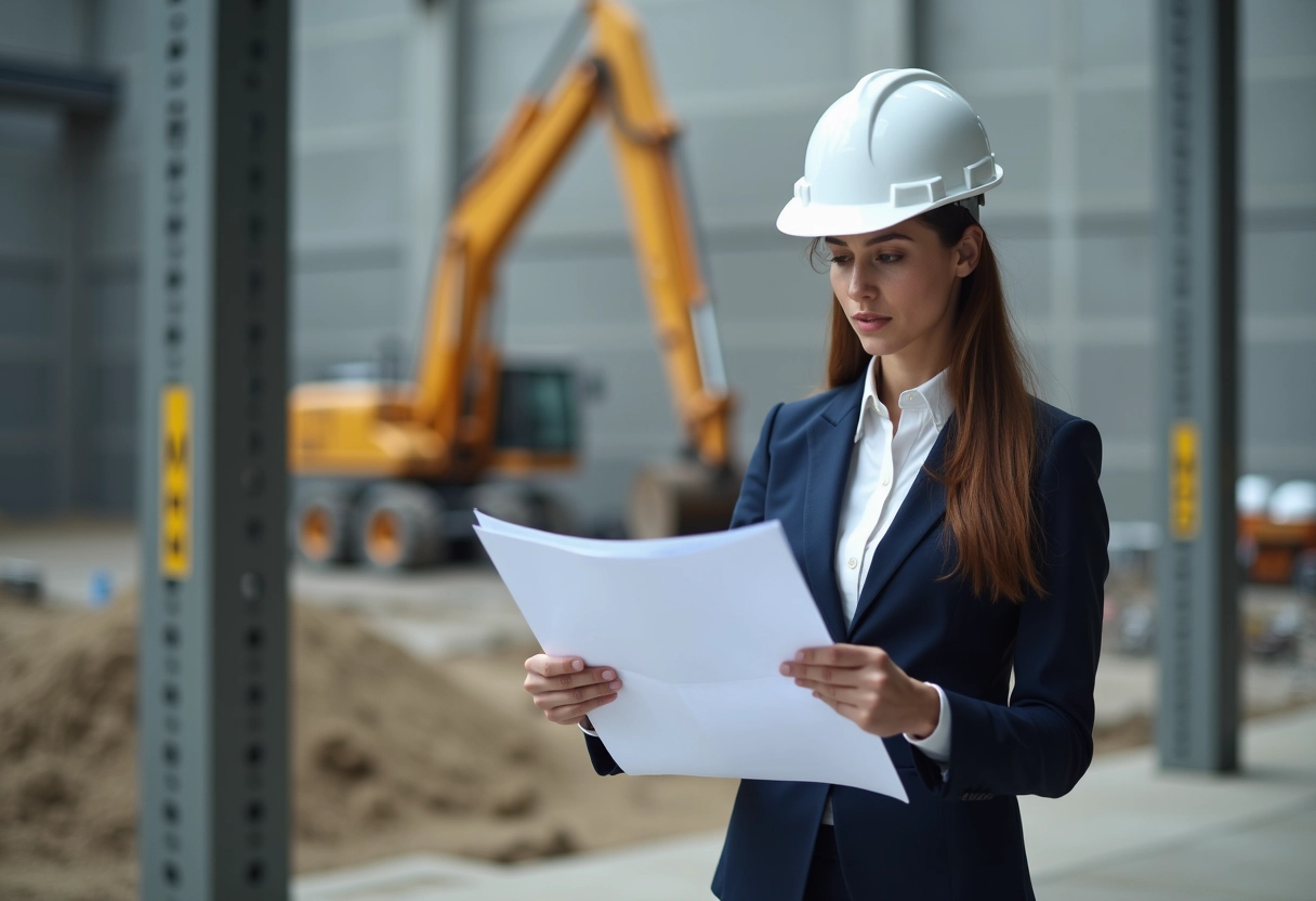 Jeune ingénieure civile examinant des plans sur site