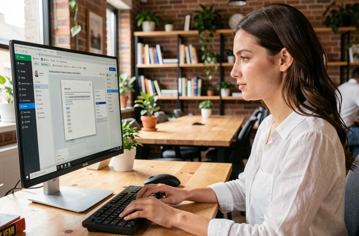 Jeune femme lisant un document numérisé sur grand écran dans un espace de coworking lumineux