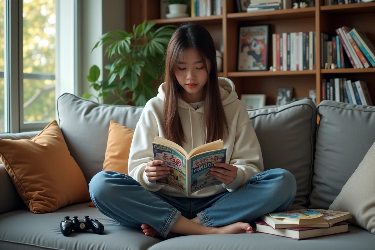 Jeune femme lisant un manga dans un salon moderne