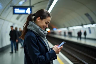 Jeune femme en métro parisien consulte son smartphone
