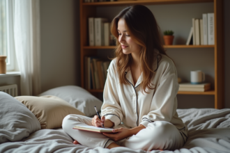 Jeune femme en pyjama écrivant dans un carnet dans sa chambre