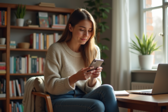 Jeune femme concentrée sur son smartphone dans un intérieur cosy