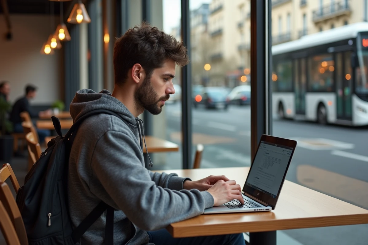 Jeune homme travaillant dans un café parisien