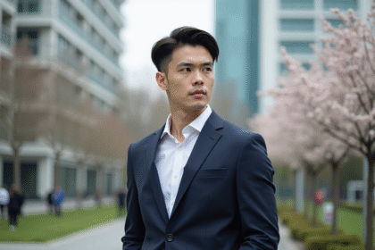 Jeune homme en costume bleu dans un parc urbain