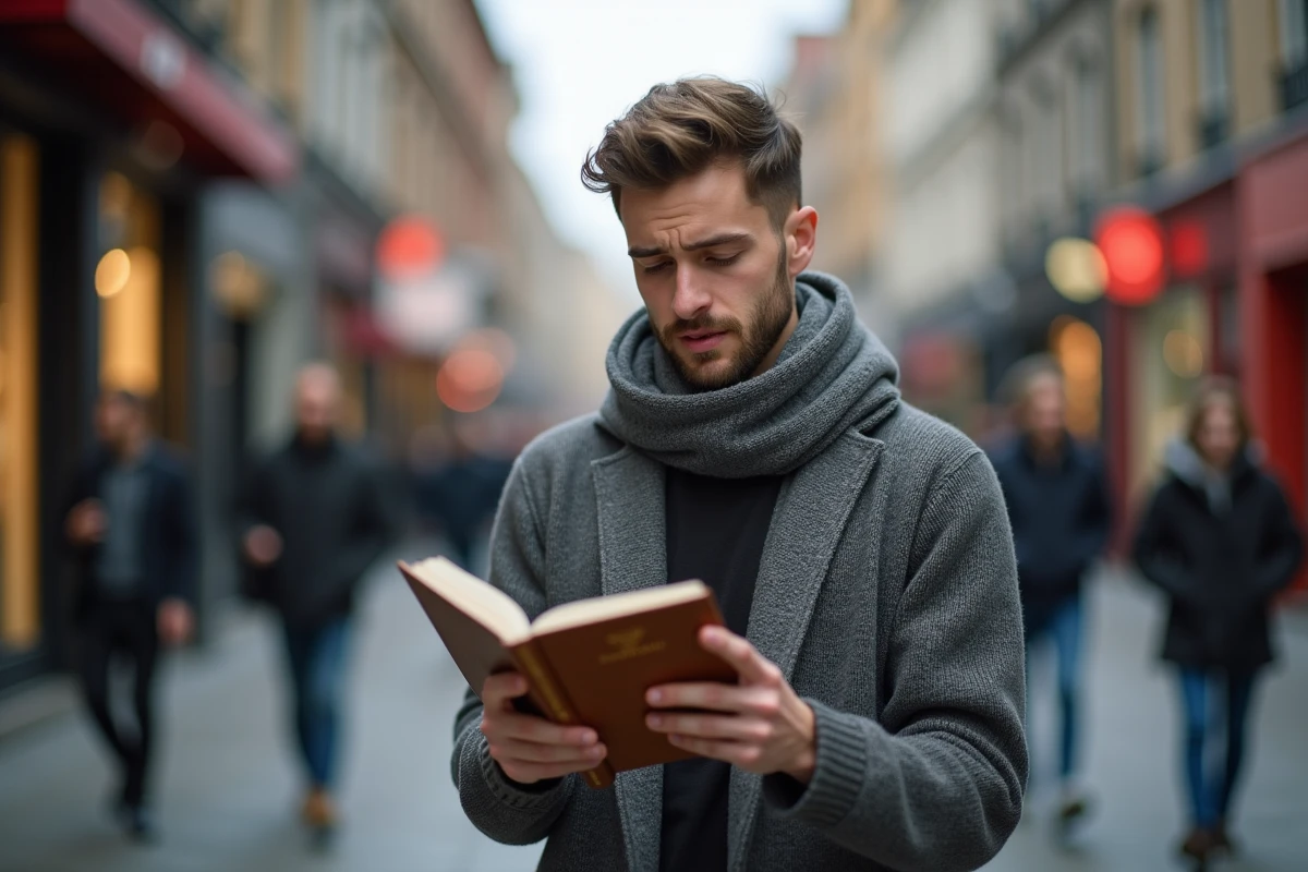 Jeune homme comparant des dictionnaires en ville