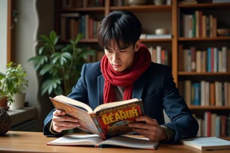 Jeune homme lisant un manga One Piece dans un bureau chaleureux