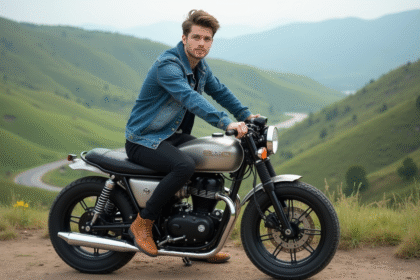 Jeune homme en denim sur moto custom en pleine nature