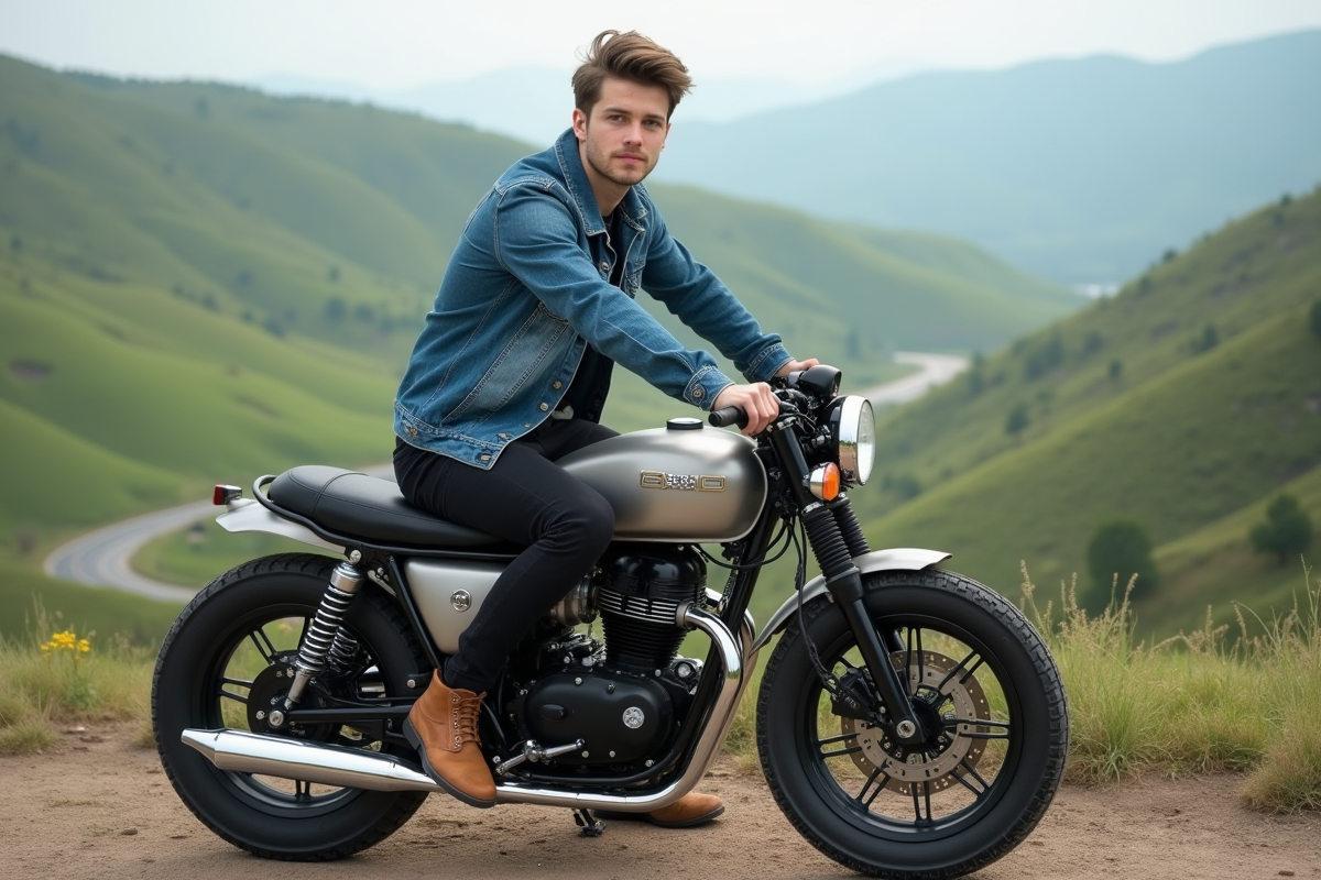 Jeune homme en denim sur moto custom en pleine nature