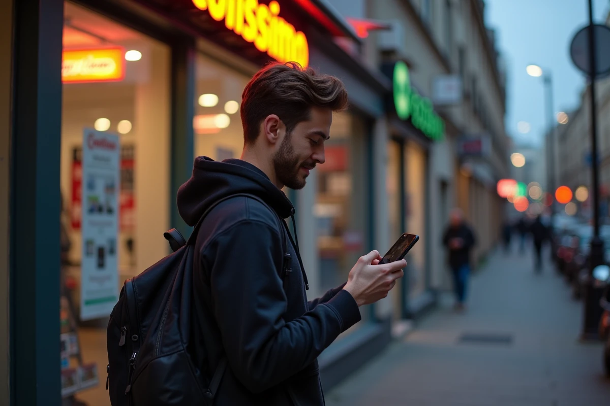 Jeune homme vérifiant son smartphone devant un relais colis