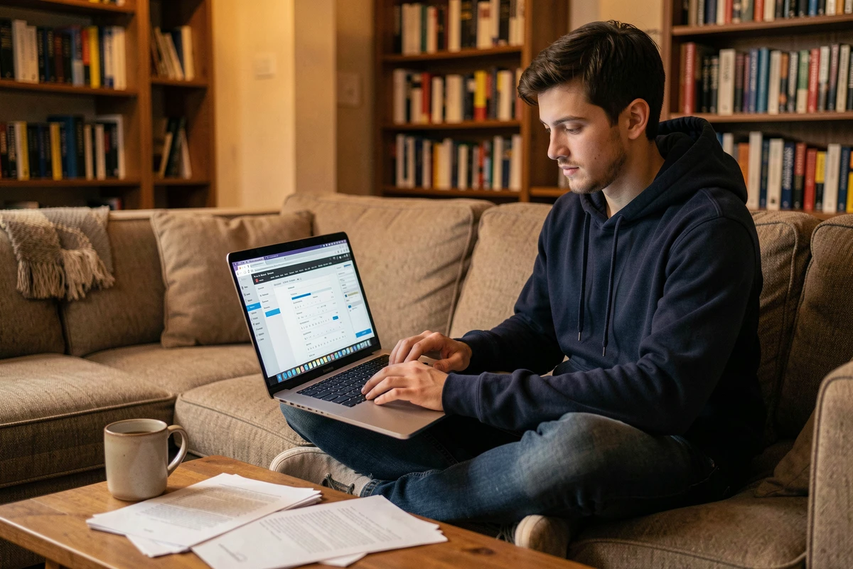 Jeune homme testant un correcteur d'orthographe en ligne depuis son canapé, comparant Reverso Correction à un correcteur intégré au navigateur