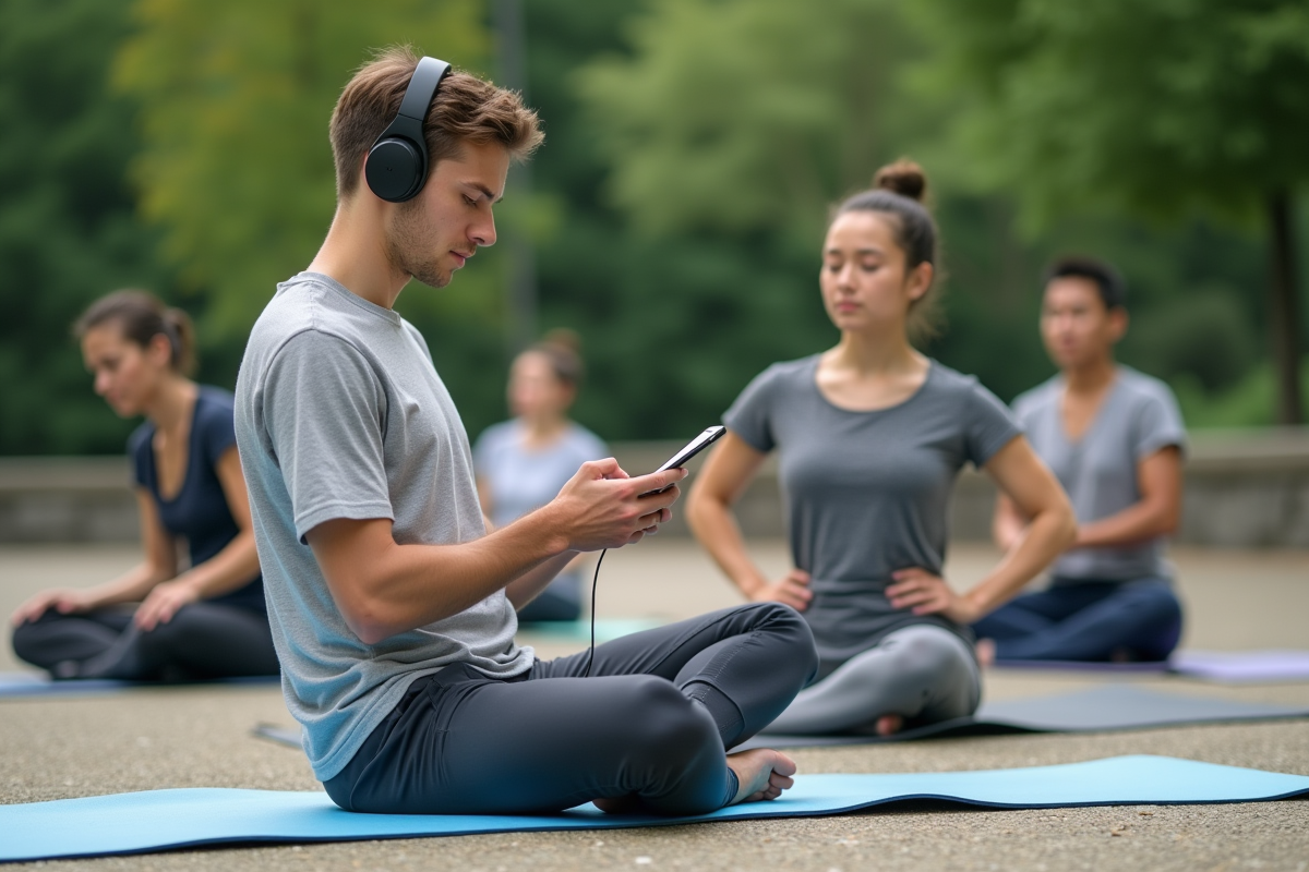 Jeune homme en yoga regardant son téléphone en plein air