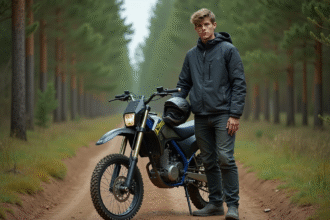 Jeune homme en équipement motocross avec moto 125cc en forêt