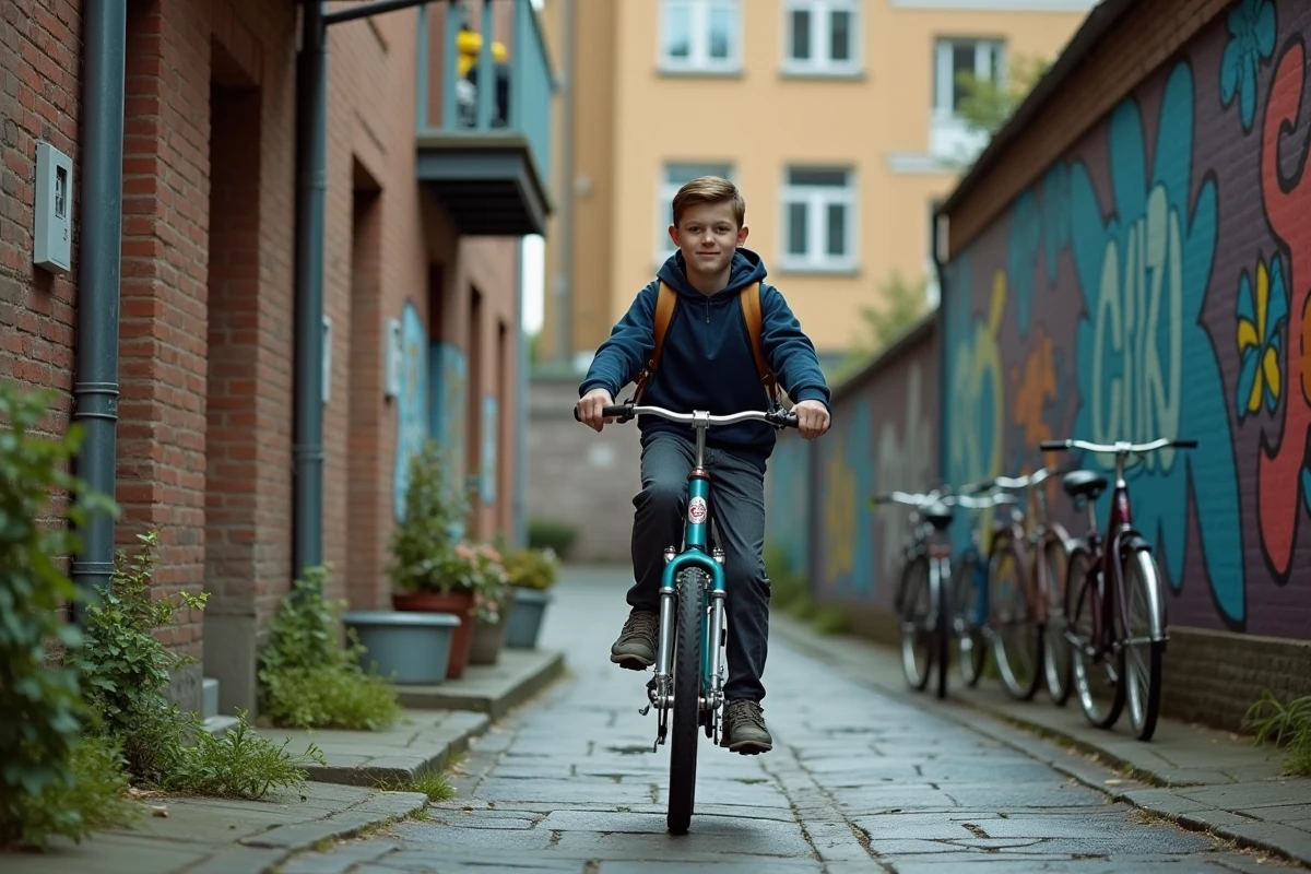 Jeune garçon à vélo dans une ruelle avec graffiti et murs en briques