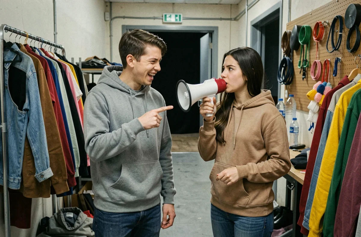Deux jeunes acteurs en coulisses échangeant des répliques comiques improvisées parmi les costumes et accessoires