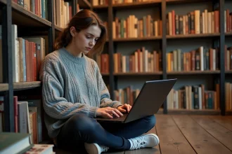Jeune femme lisant un blog littéraire sur un ordinateur portable entourée d'étagères de livres dans une librairie cosy