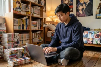Jeune homme lisant des mangas en ligne sur un laptop entouré de volumes manga empilés dans une chambre cosy