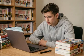 Jeune homme lisant des mangas sur un site internet depuis son ordinateur portable à son bureau à domicile